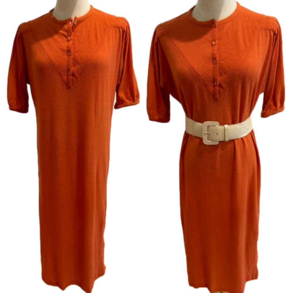 70s HENLEY DRESS MIDI LENGTH PLEATED SHOULDER RETRO RELAXED FIT S